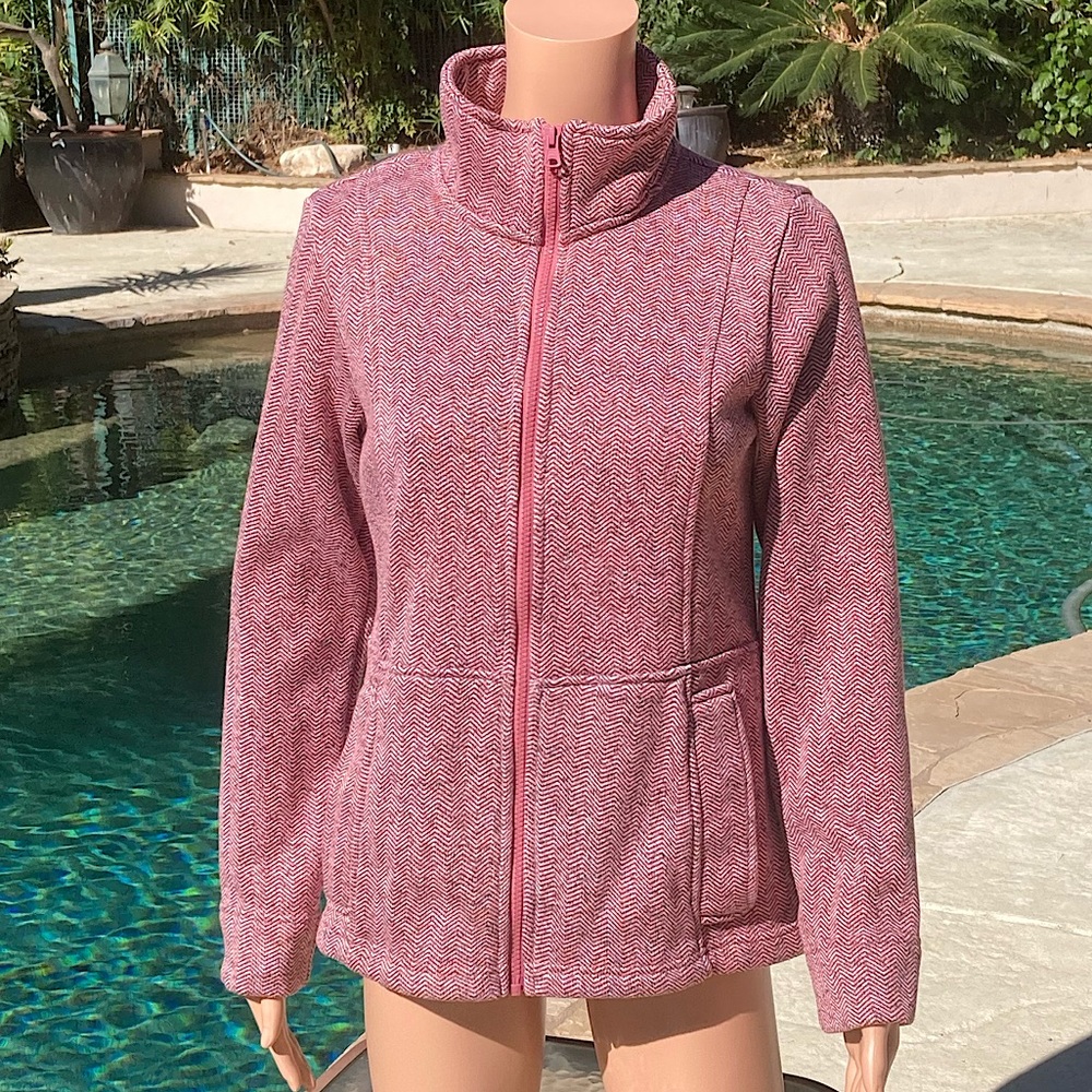 Lands End Herringbone Full Zip Mauve Fleece Sweater Jacket